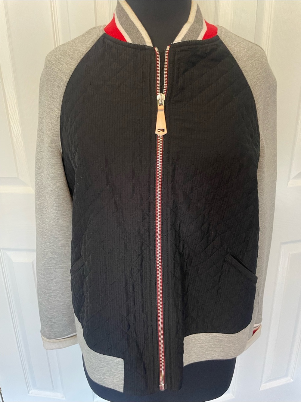 Quilted Black Bomber Jacket with Gray Sleeves